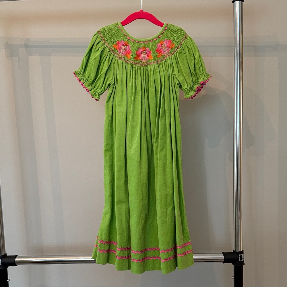 Green Kids Turkey Smocked Dress with Pink Accents